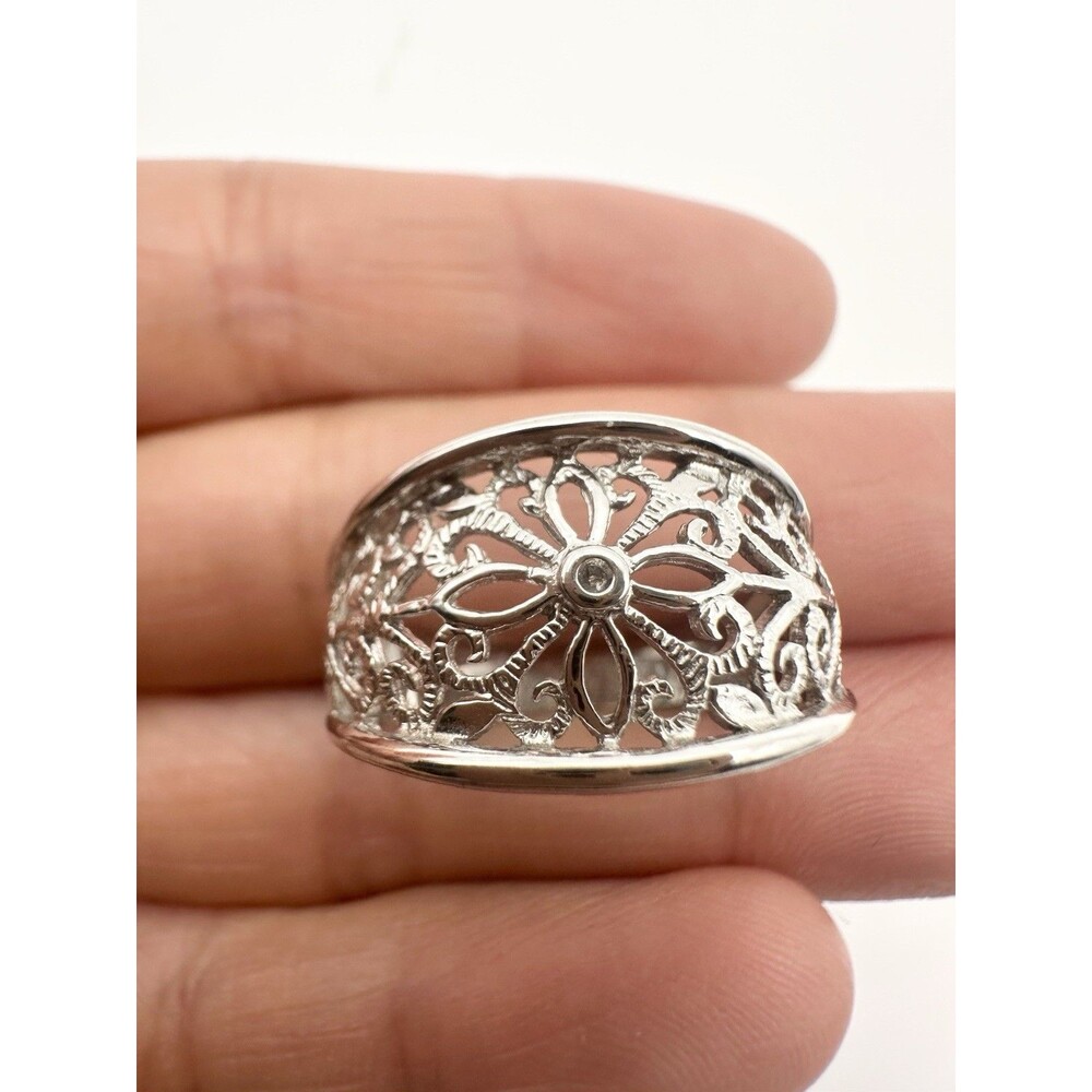 Vintage 925 Sterling Silver Openwork Unique Floral Flowers Wide Band Ring Size 8